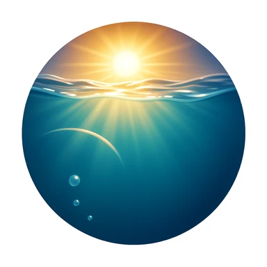 Create an underwater emoji that looks exactly like the reference image in iOS emoji style. The emoji should have a 3D appearance with shiny, smooth gradients, soft shadows, and sunlight filtering through water, capturing the classic emoji look. Add a glossy effect to the water surface. sticker