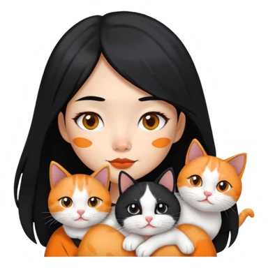 Help me make an emoii style picture of an Asian girl with long black hair holding two cats. One cat has a black and white hair, with a black spot under the left side of her nose; another cat is a short-haired orange and white cat, with orange spots around his nose and mouth. sticker