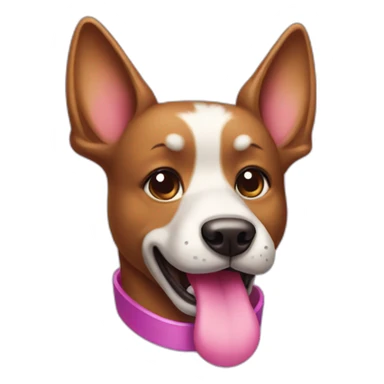 a purple dog with a brown nose and a pink collar with a bone eat cake sticker