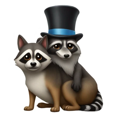 Dog on the back of a raccoon wearing a top hat sticker