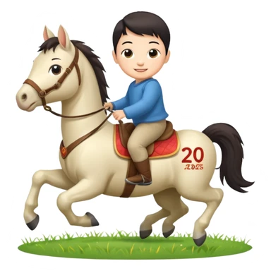 l little chinese baby riding on a  cute horse running on the grass with 2026 year label sticker