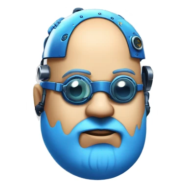 Fat bald cyborg head with tan skin, blue beard, blue steampunk goggles and circuits sticker