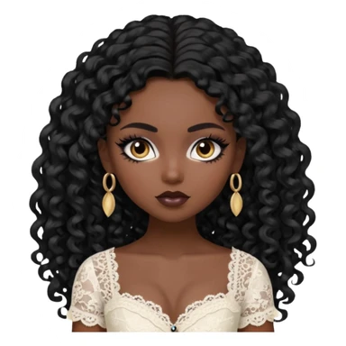 black skin, pretty, BLACK long curly black hair, pale skin, eyeliner, lace clothes, brown eyes bratz baddie sticker