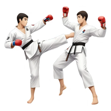 Two taekwondo fighters in traditional white doboks with black belts compete in a dynamic match. One delivers a high kick, while the other blocks using their knee. The background features a professional arena with bright lights and spectators. Transparent background. sticker