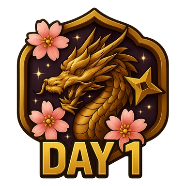 Keep the design as close as possible to the previous image with a rich purple background, Japanese crest shape, realistic gold dragon, sakura flowers, ninja star, and sparkly effects. Make the gold accents and dragon even brighter and more vibrant. Include the text 'DAY 1' in bold, easy-to-read anime-style font below the dragon. The background should be transparent. The image should be sized for Twitch or Discord use. sticker