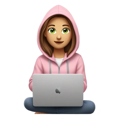 a girl with brown long hair, fair skin, green eyes, is working relaxed at a modern laptop in a monochrome pale pink zip hoodie with a hood and a pink monochrome T-shirt sticker
