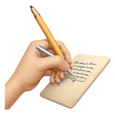The hand writes with a beige pen sticker