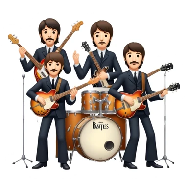 Rock music icon: The Beatles performing live on stage. John Lennon with guitar, Paul McCartney with bass, George Harrison with guitar, Ringo Starr on drums. Bright lights, energetic performance. Transparent background. sticker