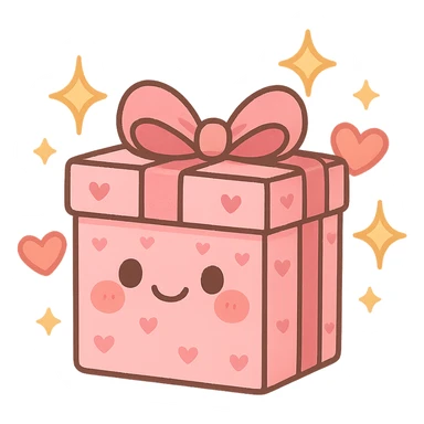 cute gift box with sparkling stars and hearts, smiling wrapping paper, remove background sticker