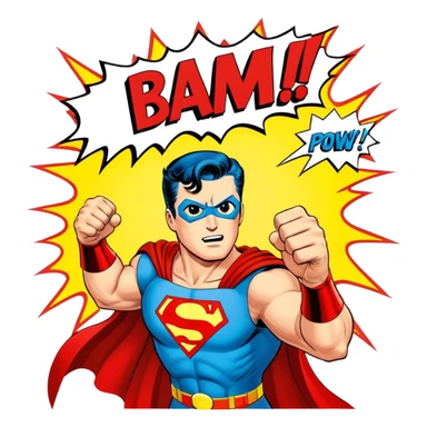 Icon for Vintage American Comics: an open comic book with retro illustrations of classic superheroes, with bold action text like "BAM!" and "POW!" and vibrant colors. The icon should evoke the golden age of American comics. Transparent background. sticker