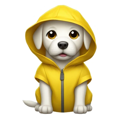 White dog with yellow rain hat and jacket sticker