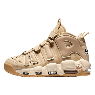 Minimalist beige Nike Air More Uptempo sneakers with one sneaker positioned behind the other, clean simple design with AIR lettering sticker