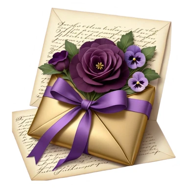 Beneath the soft light of a silver crescent moon, a bundle of handwritten letters lies wrapped in a velvety plum ribbon, adorned with a delicate sprig of lavender and a scattering of bruised violet pansies. A faded mauve rose and a deep purple peony, their petals gently curling at the edges, rest beside an ornate heart-shaped trinket, whispering tales of love lost and found. Golden stars twinkle faintly, reflecting off the wax-sealed envelopes, as if they, too, are enchanted by the lingering emotions woven into each word. sticker