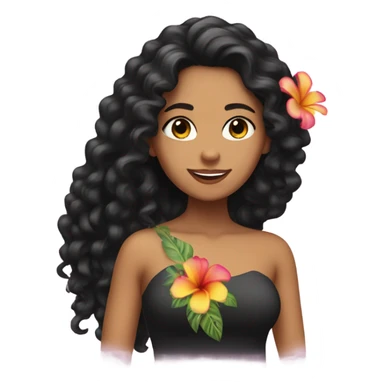 Latina girl with long curly black hair with a Hawaiian flower on the right side of the hair sticker