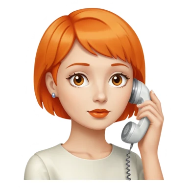 woman with short orange hair holding a vintage white phone to her ear, upper body sticker
