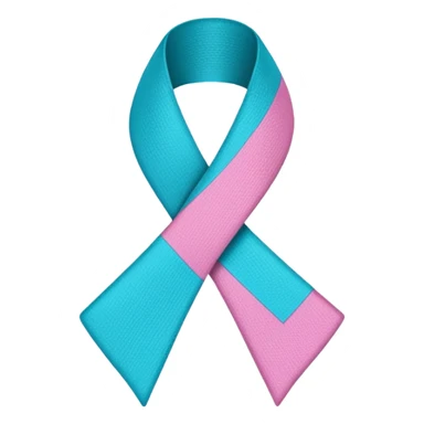 Thyroid cancer ribbon which has a blue strand, a pink strand and teal at the top where the ribbon crossed over sticker