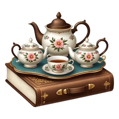 A beautiful vintage tea set stands on a brown book sticker