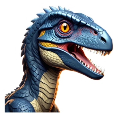 Cinematic Noble Jurassic Velociraptor Portrait Emoji, Poised and menacing, with a sleek, muscular build clad in dark, scaly skin reminiscent of Jurassic Park’s iconic raptor, a sharply curved snout and piercing, intelligent eyes that exude predatory cunning, Simplified yet boldly defined features, highly detailed, glowing with a cool, ominous radiance, high shine, intelligent and relentless, stylized with an air of cinematic prehistoric authority, focused and alert, soft glowing outline, capturing the essence of a watchful and confident Jurassic Velociraptor that appears ready to dash out of the screen with effortless power! sticker