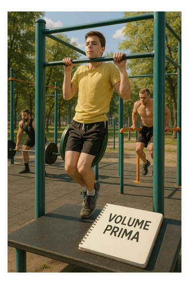 Atleta neofita giovane in un parco attrezzato per streetlifting, fisico ancora in fase iniziale. È intento a eseguire molte ripetizioni di esercizi a corpo libero con pesi leggeri (zavorra moderata), come trazioni e dip su parallele. Accanto a lui un taccuino di allenamento con la scritta 'Volume Prima'. L’atmosfera è luminosa e motivante, con altri atleti più muscolosi che sollevano carichi pesanti, ma lui è concentrato sul gesto tecnico e sulla costanza. Stile realistico, colori naturali, messaggio educativo su priorità all’adattamento progressivo e al volume. sticker