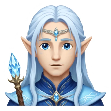 Legendary fantasy Christmas elf portrait icon, Santa Claus and Snow Maiden inspired, ancient winter spirit style, long flowing white-blue hair, glowing frost eyes, crystal staff, elegant elven features, divine winter magic aura, icy silver color palette, highly detailed but clean emoji icon male sticker