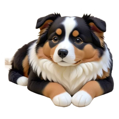 Cinematic Chubby Sleeping Tri-Color Australian Shepherd Portrait Emoji, Chubby and serene, with a round, adorable build and a plush tri-color coat of black, white, and tan, eyes gently closed in peaceful slumber, Simplified yet irresistibly endearing features, highly detailed, glowing with a gentle, dreamy glow, high shine, relaxed and content, stylized with a touch of whimsy, bright and heartwarming, soft glowing outline, capturing the essence of a blissfully sleepy herder, so comically serene it feels like it could roll out of the screen and snore with adorable charm! sticker