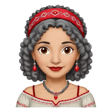 Latina woman, about 55 years old, slightly darker warm brown skin, round soft face, curly black and gray hair, red and white headband, medium eyes, thin eyebrows, gentle smile, gray peasant blouse with embroidery, bare shoulders, large dark necklace sticker