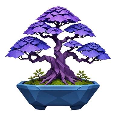 Futuristic wild glowing space alien moss maples Bonsai hair-fine-leaf group multi faceted intricate crystalline inspired boxwood purple rose blue informal rocky cliffhanger eight trees forest planting in shallow origami slab style pot with big animal-like feet  sticker