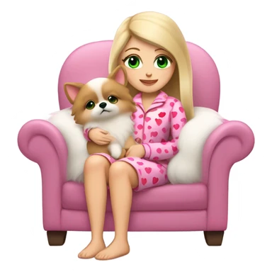 Girl blonder long hair mauve pink plump lips green eyes sitting in cozy chair wearing red and pink heart design on pjs holding a white Pomeranian sticker