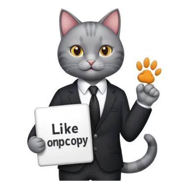 A cat in a black business suit holds a sign with the inscription "PrimeCopy" with one paw and shows a like with the other paw sticker