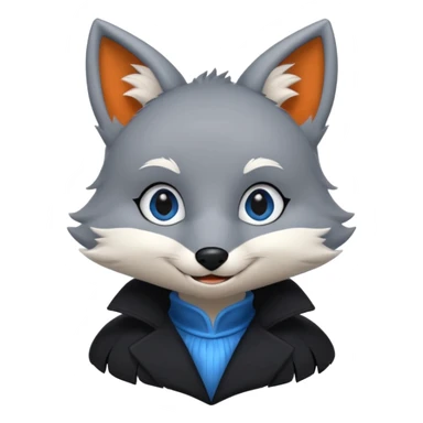 Grey anthropomorphic furry fox with a black coat, blue eyes, and a small fringe of black hair, smiling sticker