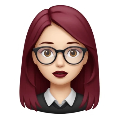 white-skinned girl with long brown hair showing maroon under hair, brown glasses, brown lipstick sticker