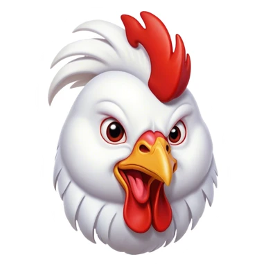 Cinematic Comical White Rooster Portrait Emoji, Head tilted dramatically with an exaggeratedly shocked or amused expression, featuring a striking pure white plumage with a bold red comb, wide, expressive eyes filled with playful disbelief, Simplified yet hilariously expressive features, highly detailed, glowing with a slightly sassy glow, high shine, dramatic yet playful, stylized with an air of cheeky mischief, bright and endearing, soft glowing outline, capturing the essence of a spirited and over-the-top rooster, so meme-worthy it feels like it could crow its way into internet fame instantly! sticker