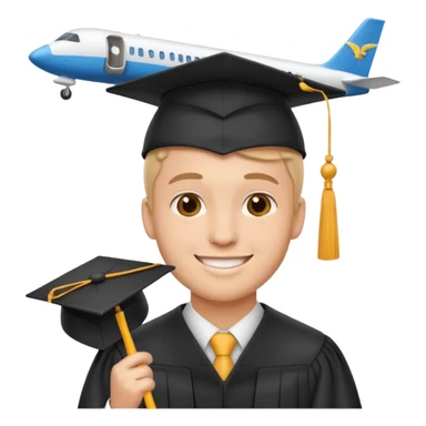 emoji man student at university with graduation cap and airplane, happy, white background sticker