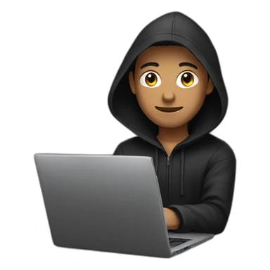 Young man with a black hood behind his laptop sticker