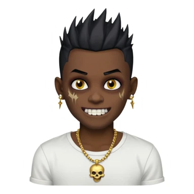 zombie boy with spiky emo black hair and white shirt , tattos, a risk on the eyebrow, earings,  a necklace emoji, with gold grills in his mouth and he’s smiling, change skin color to darkskin sticker