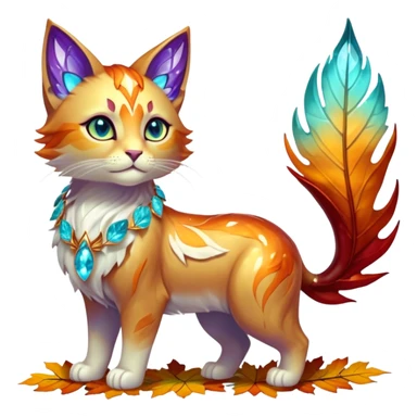 This fascinating hybrid creature combines the crystalline structure of a feline with the warm autumn foliage of a leaf being. Its core body maintains the sleek shape of a cat but is composed of translucent crystals that shift between turquoise blue and amber-orange hues. The creature's face features a blend of feline features with the gentle expression of the leaf being – sharp crystalline ears frame a round, friendly face with glowing purple-amber eyes. Most striking is how autumn leaves emerge from its crystalline body, forming a mane-like collar around its neck and sprouting along its spine and tail. These leaves shimmer with both crystalline properties and natural autumn colors – orange, gold, and deep red – with visible veining that occasionally pulses with energy. When the creature moves, the leaves rustle softly while the crystal body catches light, creating a mesmerizing display of nature and gemstone elements. full body sticker