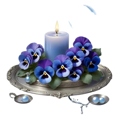 A mesmerizing nighttime scene featuring a cluster of vibrant blue pansies bathed in soft moonlight. In the background, a luminous silver crescent moon hangs low in the sky, partially veiled by delicate wisps of mist. A round, decorative candle in a shimmering pearl color rests on an ornate silver tray, its gentle glow casting flickering reflections on the surrounding petals. Tiny fireflies dance in the air, adding an ethereal touch, while a few scattered crystals glisten among the flowers. sticker