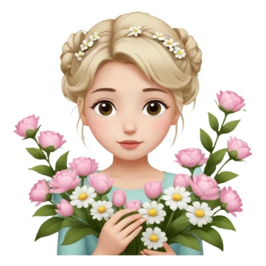 emojis.com a-girl--sitting--near-various-bouquets-of-flowers-,-white-and-pink-flowers-.-she-is-holding-a-single-white-flower-up-to-her-face,-her-hairstyle-is-slightly-messy-updo,-with-a-few-soft-strands-f (1) sticker