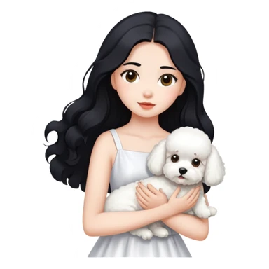 A beautiful girl with long black hair wearing a white dress holds a small white Bichon Frise in her arms sticker
