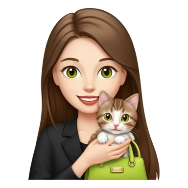 White Woman with VERY long straight brown hair, rosy lips, chartreuse eyes, cute happy big smile holding a white and brown tabby kitten, wearing a black purse sticker