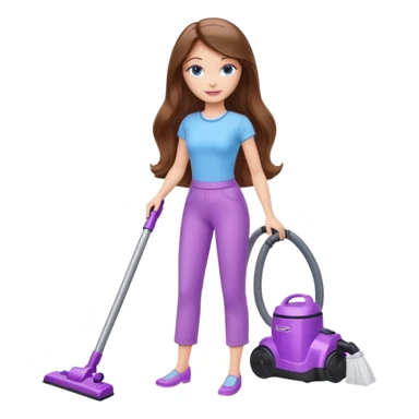 beautiful barbie girl with long brown hair, blue eyes and wearing light purple clothes, cleaning and vacuuming sticker