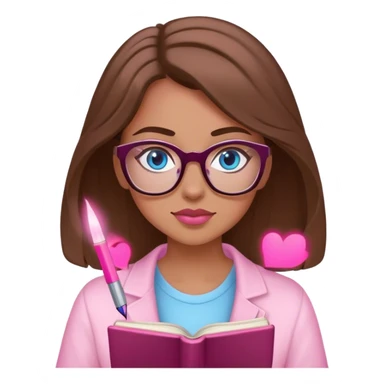 brown-haired, blue-eyed female writer writing a romance novel pink light sticker