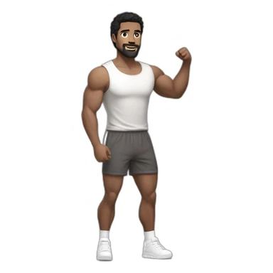Full height Actively gesturing with hands Pale skinned Fit Man With the biceps and black hair with Bristle in dark gray Sleeveless Mike, brown oversize sports shorts and white Sneakers sticker