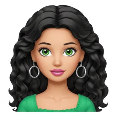 Barbie with olive skin, long black wavy hair and green eyes and silver hoop earrings sticker