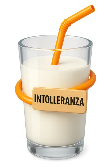 emoji stile iphone di un BICCHIERE DI LATTE CON COLON ATTORCIGLIATO INTORNO, HA UN CARTELLO CON LA SCRITTA "INTOLLERANZA" iperrealistico 4k, isolato su sfondo bianco sticker
