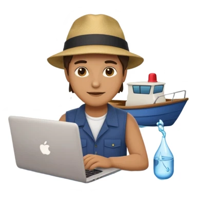 programmer sitting on a dock working on a laptop with water and boats in the background, emoji style sticker