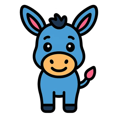 cute blue donkey with big eyes and friendly smile, simple flat design sticker