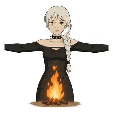  young woman with gold yellow eyes, white hair, long braid, black off-shoulder top, punk gothic style, futuristic cyberwave cyberpunk,, she is calmly t-posing , there is a small bonfire in front of her sticker