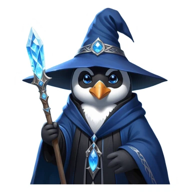 A mysterious penguin mage with sleek midnight-blue feathers, wearing a flowing black robe adorned with silver runes. A tall, pointed wizard hat sits slightly tilted on his head, the brim casting a shadow over his glowing icy-blue eyes. His flipper clutches an ancient wooden staff topped with a swirling crystal, radiating a soft, cold light. Snowflakes drift around him as he stands on a frozen cliff, his aura crackling with arcane energy, ready to summon a blizzard with a flick of his staff. sticker