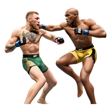 An MMA showdown between Conor McGregor and Anderson Silva in the octagon. McGregor is executing a powerful jumping strike, while Silva is expertly blocking the attack with his forearm. The background features the UFC octagon, fans in the distance, and dynamic action. Transparent background sticker